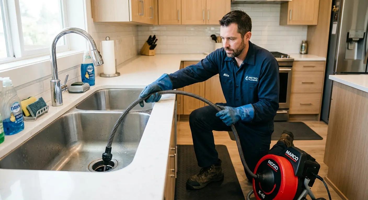 Drain cleaning technician using a motorized snake on a kitchen sink in Coxsackie