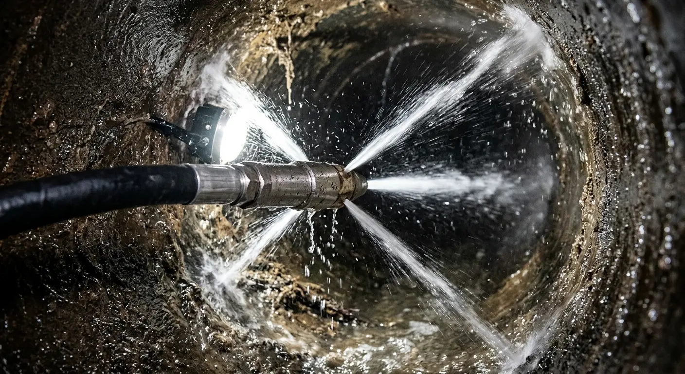 High-pressure hydro jetting nozzle cleaning sewer pipe for Trenchless Sewer Repair in Coxsackie