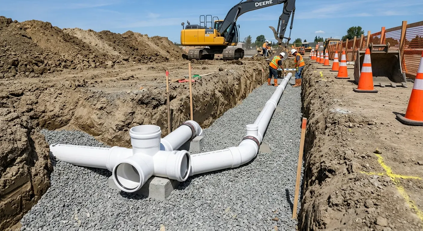 New PVC sewer pipe installation in open trench for Grease Trap Cleaning in Coxsackie