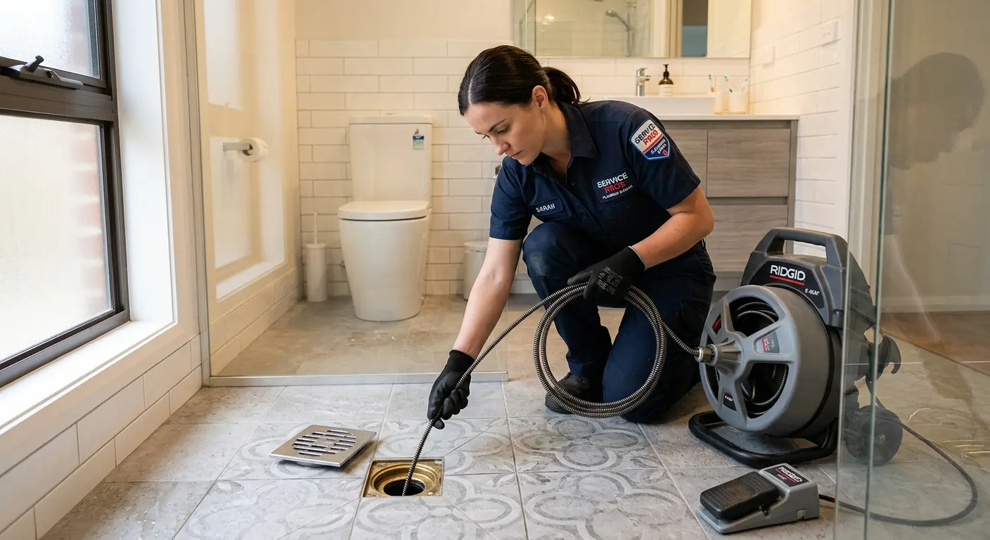 Technician clearing a bathroom floor drain for Sewer Line Replacement in Coxsackie